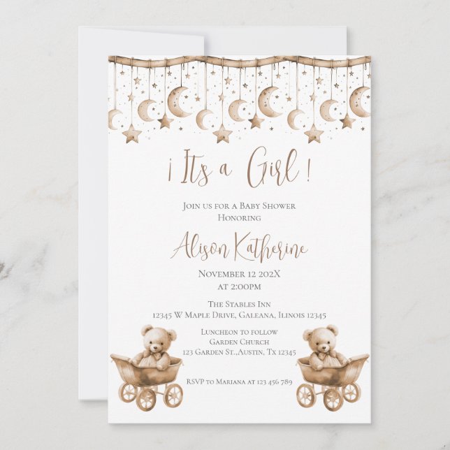 Invitación del Chica de Baby Shower de oso (Anverso)