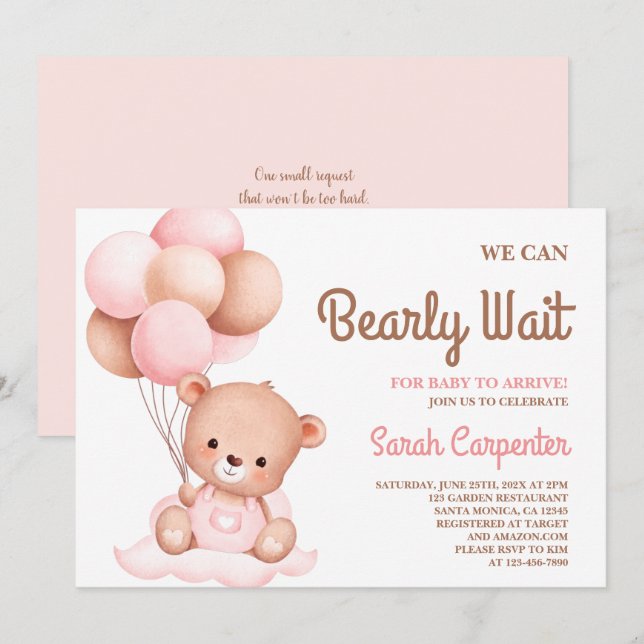 Invitación del Chica de Baby Shower de Oso Cute (Anverso / Reverso)