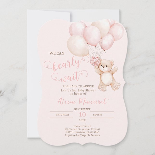 Invitación del Chica de Baby Shower de Teddy Bear (Anverso)