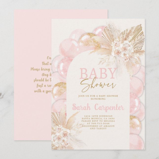 Invitación del Chica de Baby Shower del Arco Rosad (Anverso / Reverso)