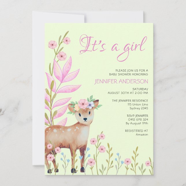 Invitación del Chica de Baby Shower del Deer Fores (Anverso)