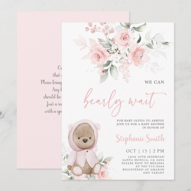 Invitación del Chica de Baby Shower del oso (Anverso / Reverso)