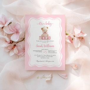 Invitación del Chica de Baby Shower del oso rosado