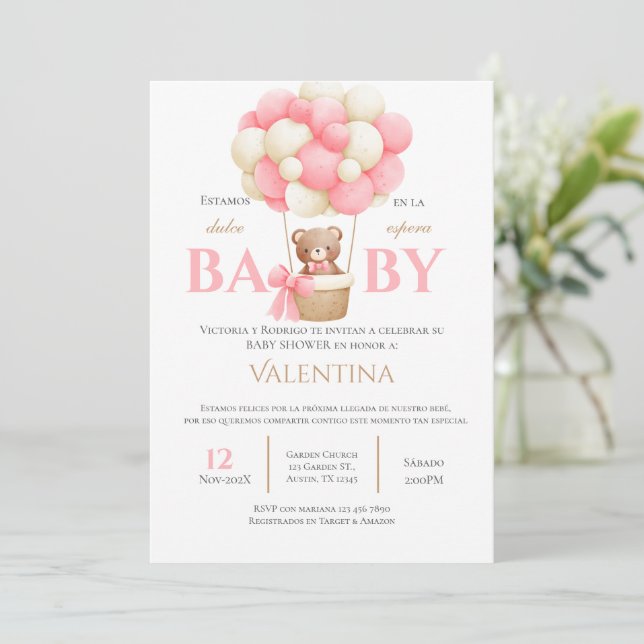 Invitación del Chica de Baby Shower en español (Anverso de pie)