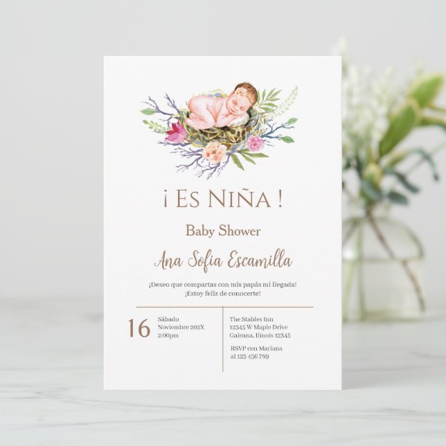 Invitación del Chica de Baby Shower español (Anverso de pie)