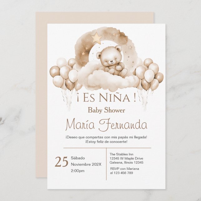 Invitación del Chica de Baby Shower español (Anverso / Reverso)