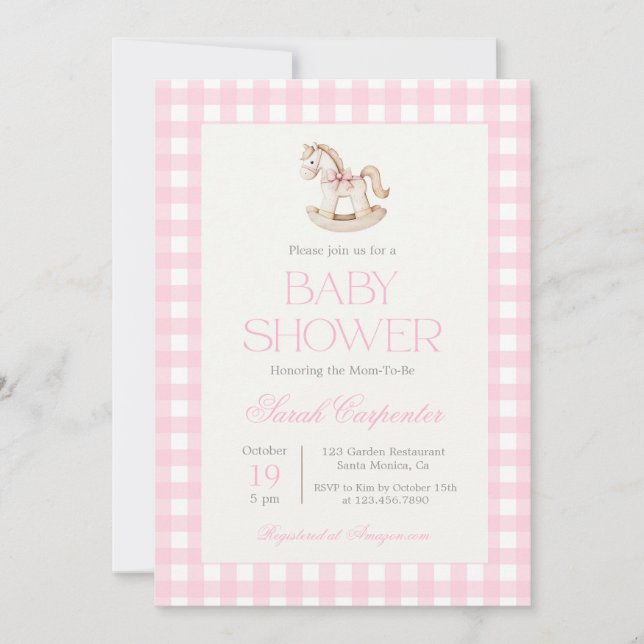 Invitación del Chica de Baby Shower Rocse Horse (Anverso)