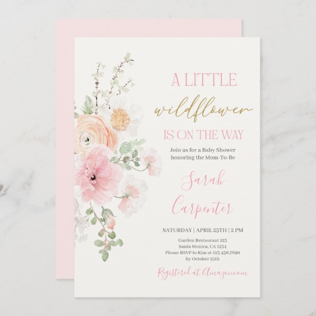 Invitación del Chica de Baby Shower Wildflower (Anverso / Reverso)