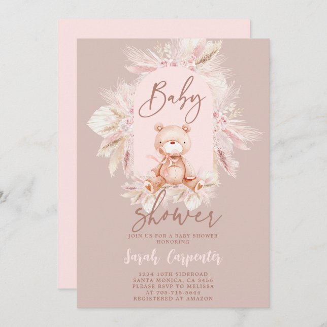 Invitación del Chica de Boho Bear Baby Shower (Anverso / Reverso)