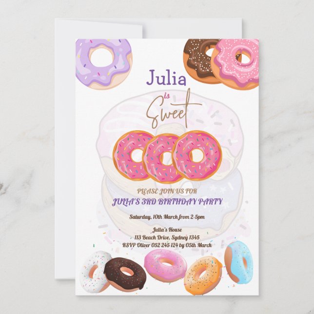 Invitación del chica de Donut 3 de cumpleaños (Anverso)