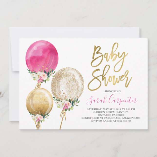 Invitación del chica de ducha con globo floral (Anverso)