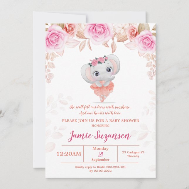 Invitación del Chica de Peach Floral Elephant Baby (Anverso)