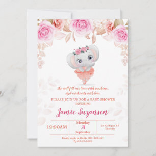 Invitación del Chica de Peach Floral Elephant Baby