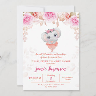 Invitación del Chica de Peach Floral Elephant Baby