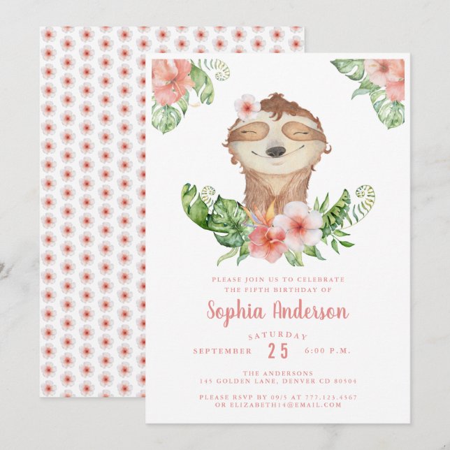 Invitación del chica de perezoso de 5 cumpleaños (Anverso / Reverso)