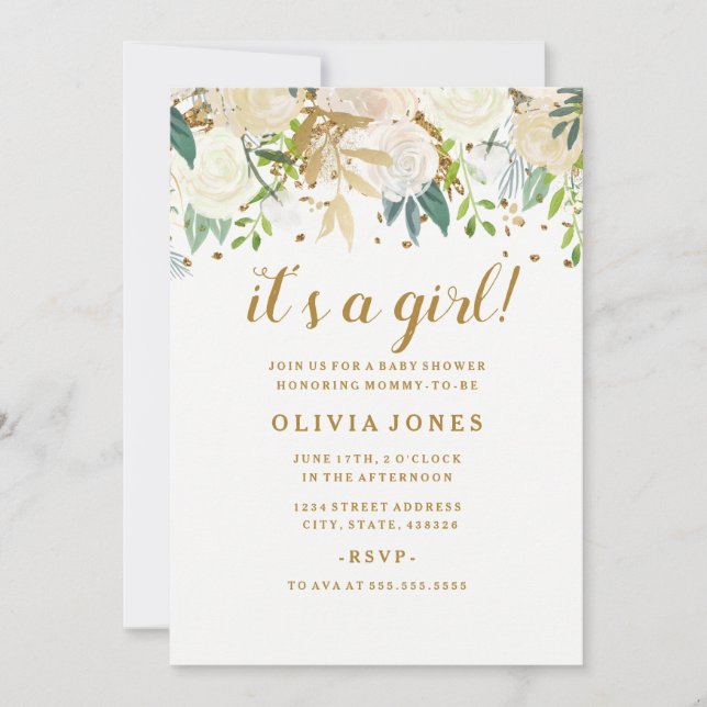 Invitación del Chica Purpurina floral de oro Baby  (Anverso)