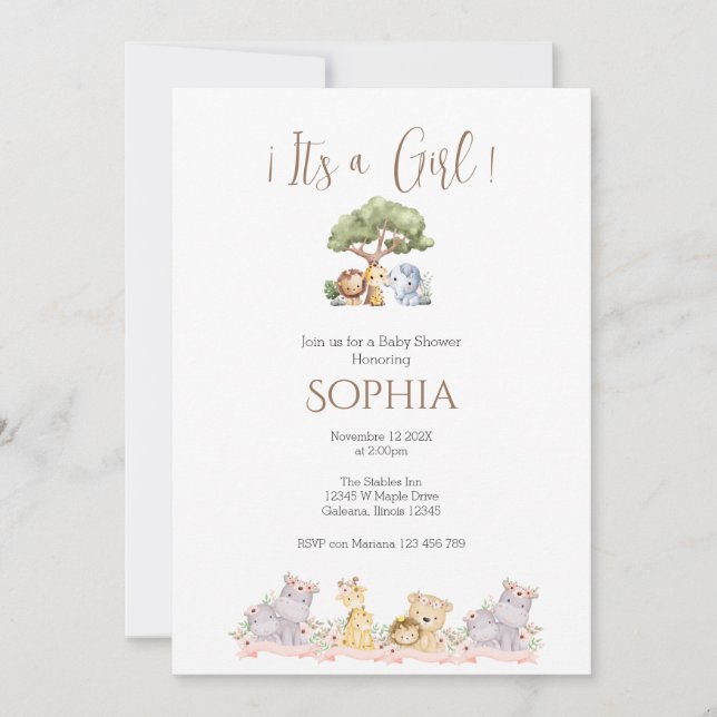 Invitación del Chica Safari Baby Shower (Anverso)