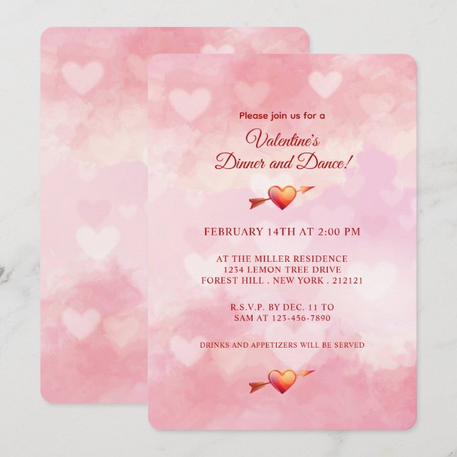 Invitación del corazón rosado romántico el día de  (Anverso / Reverso)