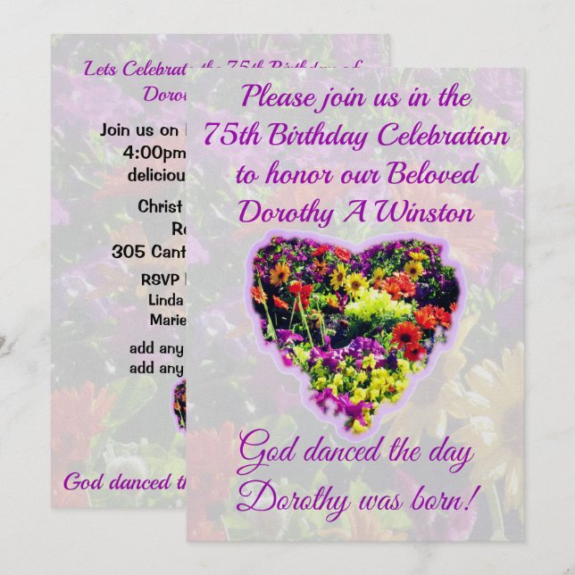 INVITACIÓN DEL CUMPLEAÑOS 75 DE PURPLE FLORAL (Anverso / Reverso)
