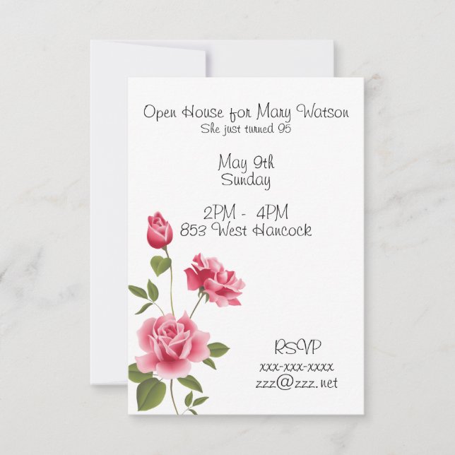 Invitación del cumpleaños con los rosas rosados (Anverso)
