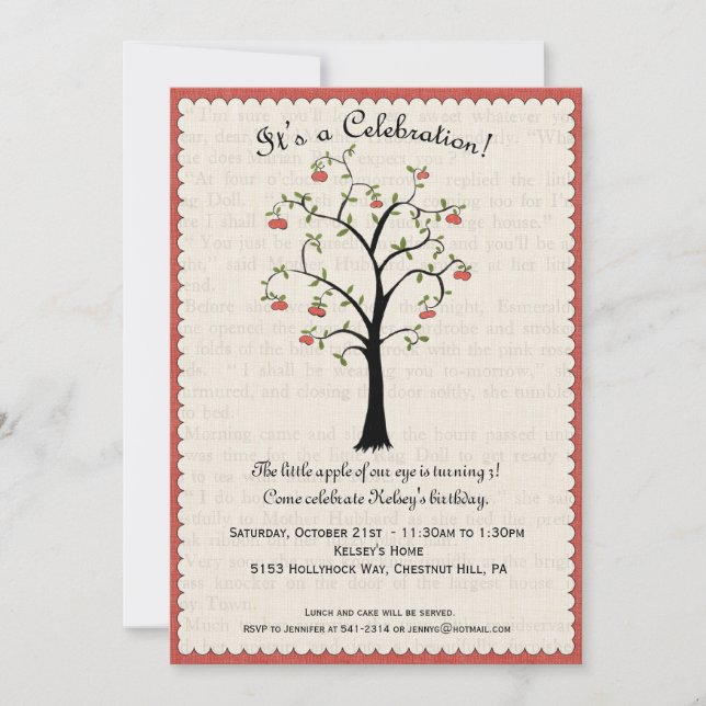 Invitación del cumpleaños de Apple/del manzano (Anverso)