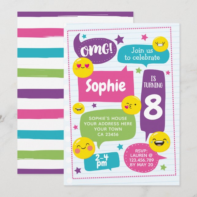 Invitación del cumpleaños de Emoij (Anverso / Reverso)