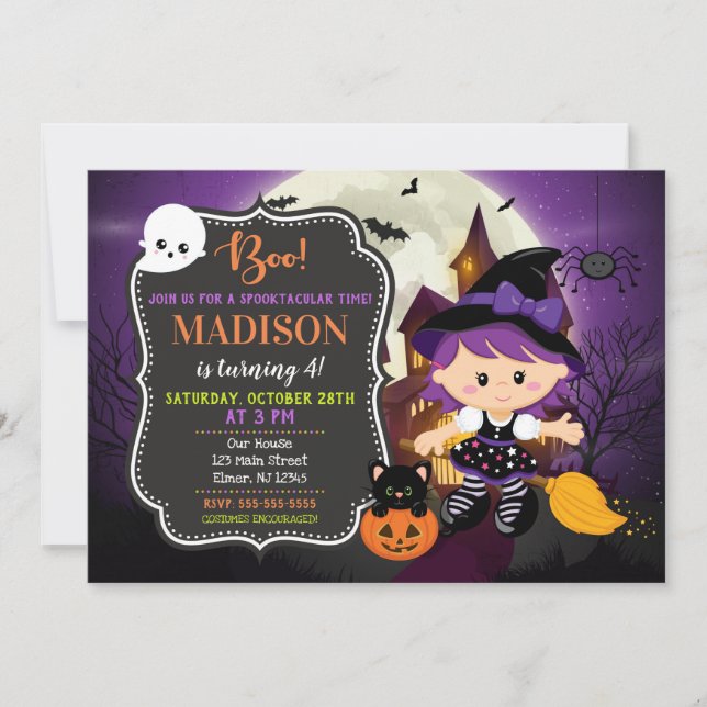 Invitación del cumpleaños de la bruja de Halloween (Anverso)