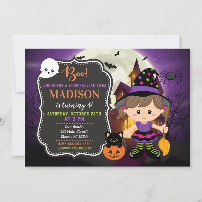 Invitación del cumpleaños de la bruja de Halloween (Anverso)