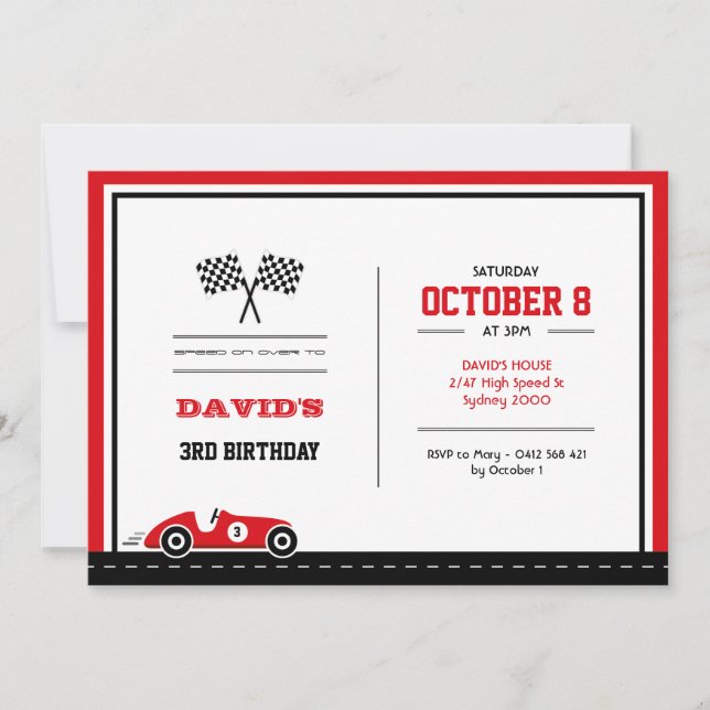 Invitación del cumpleaños de la carrera de coches (Anverso)