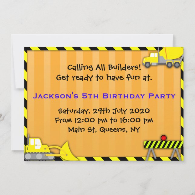 Invitación del cumpleaños de la construcción del (Anverso)