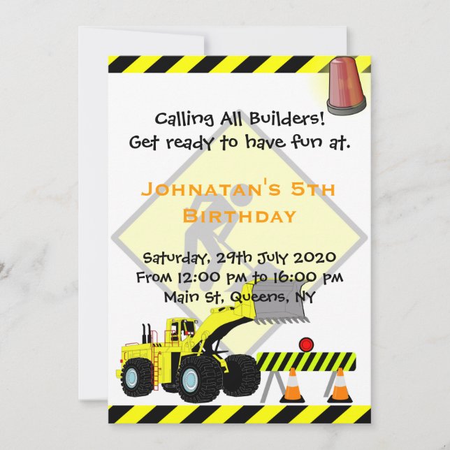 Invitación del cumpleaños de la construcción del (Anverso)