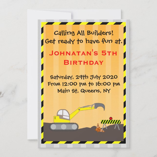 Invitación del cumpleaños de la construcción del (Anverso)