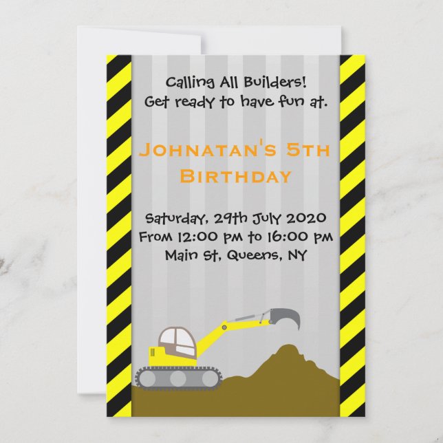 Invitación del cumpleaños de la construcción del (Anverso)