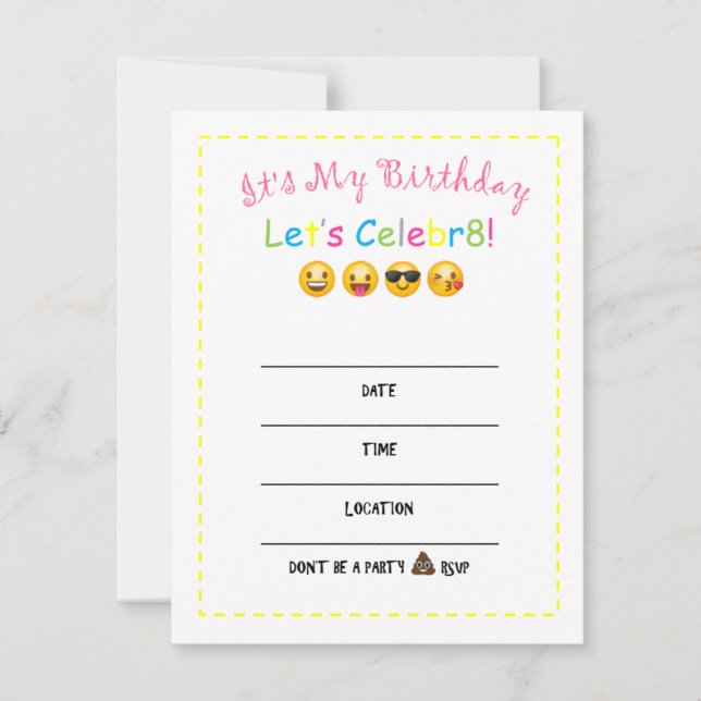 Invitación del cumpleaños de la emoji de DIY (Anverso)