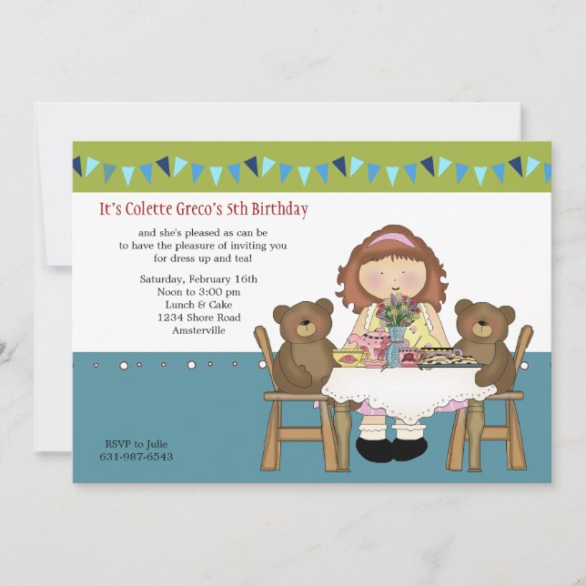 Invitación del cumpleaños de la fiesta del té (Anverso)
