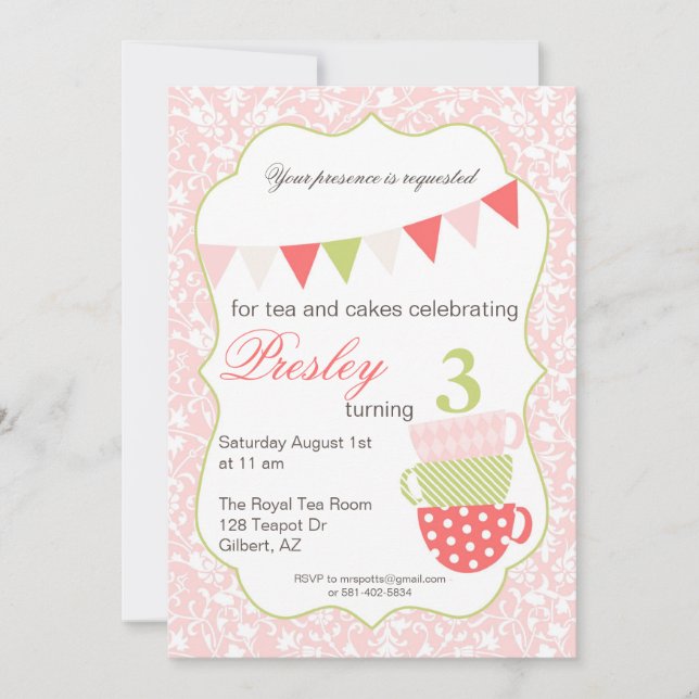 Invitación del cumpleaños de la fiesta del té (Anverso)