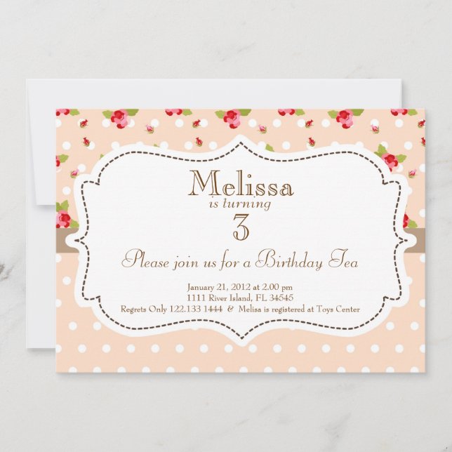 Invitación del cumpleaños de la fiesta del té del (Anverso)