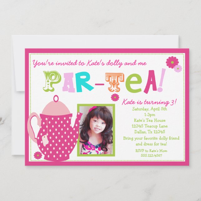 Invitación del cumpleaños de la fiesta del té para (Anverso)