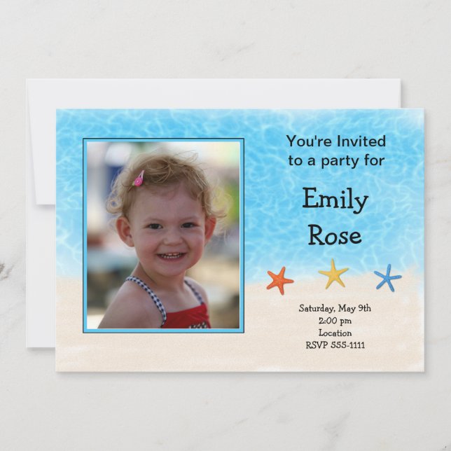 Invitación del cumpleaños de la foto de la playa (Anverso)