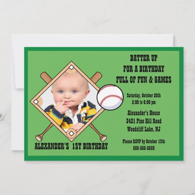 Invitación del cumpleaños de la FOTO del béisbol (Anverso)