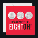 Invitación del cumpleaños de la foto del color roj<br><div class="desc">Invitación de cumpleaños número 80 de color rojo brillante y negro. Brillante personalizar de invitación de estilo retro rojo y negro con sus propios detalles y tres fotos de su chica o niño de cumpleaños. Diseño único de Sarah Trett.</div>