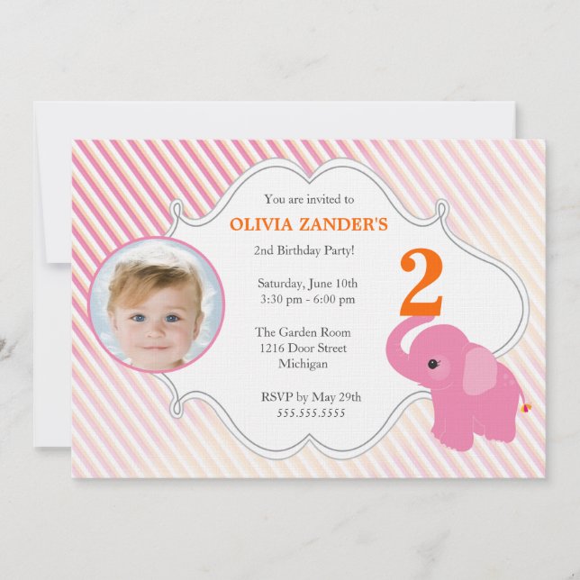 Invitación del cumpleaños de la foto del elefante (Anverso)