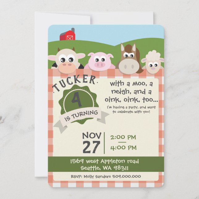 Invitación del cumpleaños de la granja (Anverso)