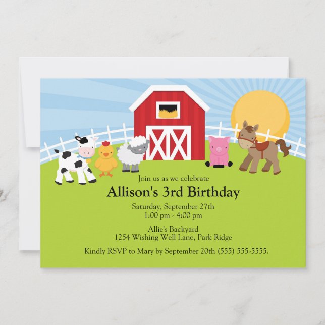 Invitación del cumpleaños de la granja (Anverso)