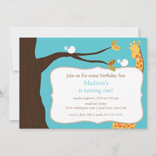 Invitación del cumpleaños de la jirafa del safari (Anverso)