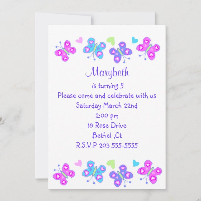 invitación del cumpleaños de la mariposa (Anverso)