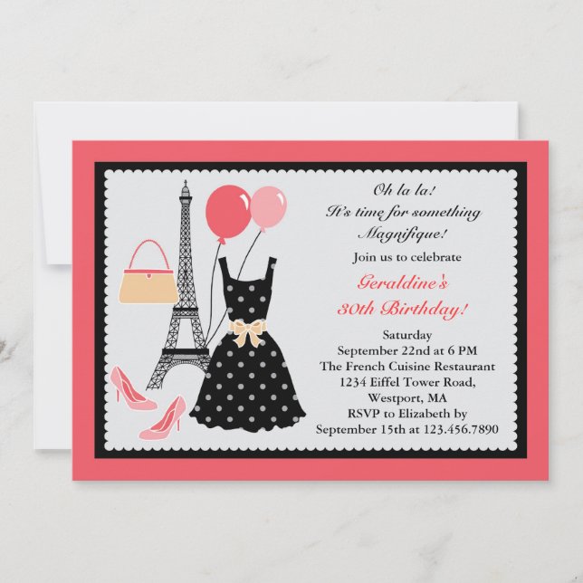 Invitación del cumpleaños de la moda del francés (Anverso)