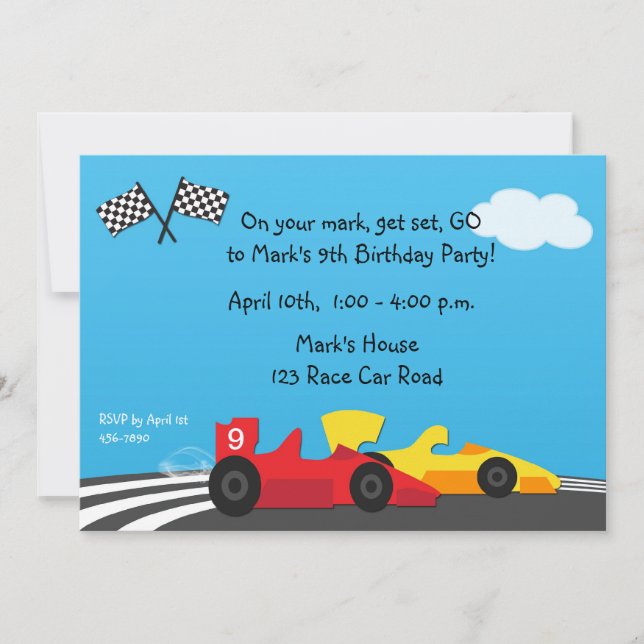 Invitación del cumpleaños de la pista del coche de (Anverso)