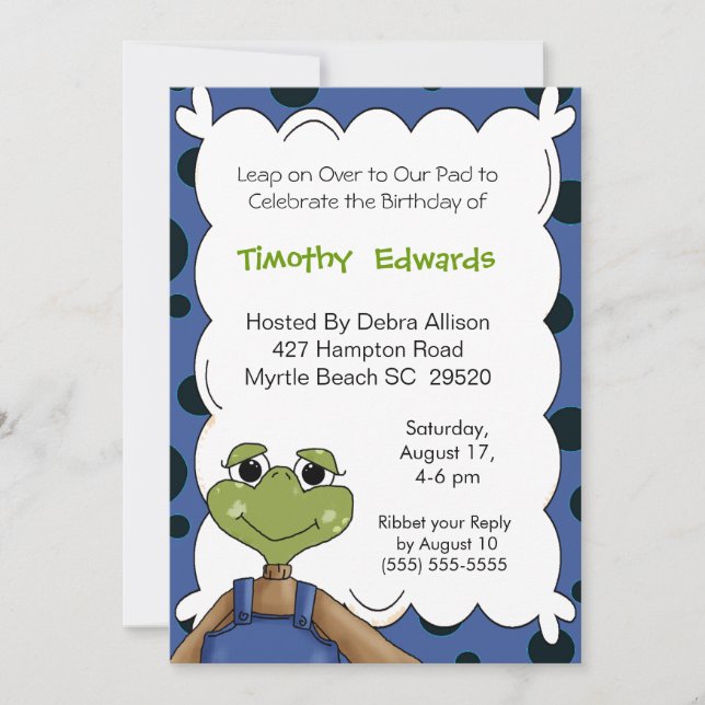 Invitación del cumpleaños de la rana (Anverso)