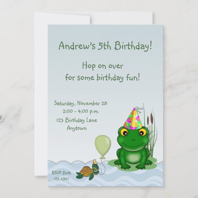 Invitación del cumpleaños de la rana (Anverso)